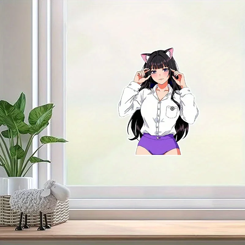 1개 애니메이션 고양이 귀 소녀 2D 데칼 - 방수 내구성 생생한 디자인 노트북 자동차 휴대폰용 - 애니메이션 및 귀여운 스타일 애호가들에게 이상적