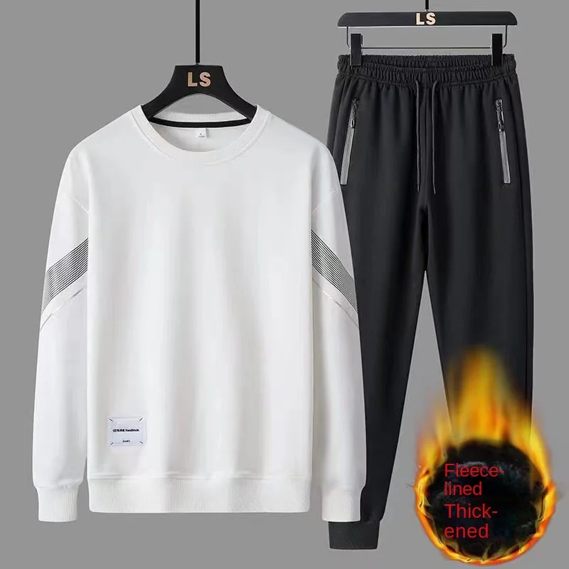 Men 2‑Piece Fleece Tracksuit Striped Crew Neck Sweatshirt Zipper Pockets Jogger Pants Winter Warm Sports Suit