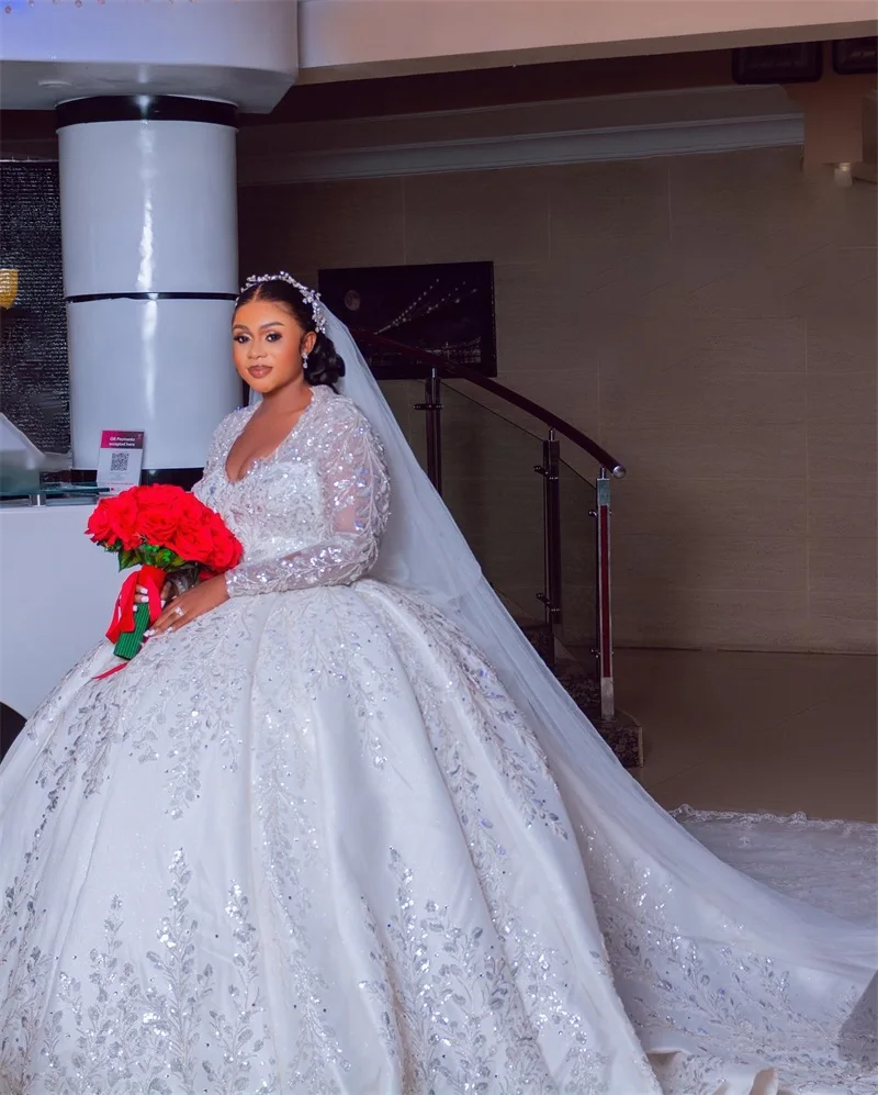 Vestido De novia De talla grande, traje De novia De lujo con apliques De lentejuelas, mangas completas, hecho a medida, con cordones en la espalda