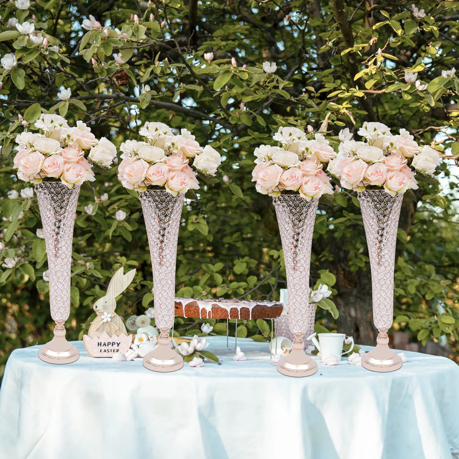 

4pcs Gold Crystals Trumpet Floral Vase,Iron Octagonal Wedding Flower Stand 17*55*14cm for Home Decoration