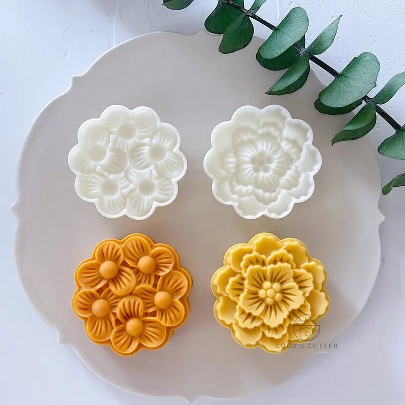 2Pcs 75g Mooncake Mould Golden Autumn Laurel Mid-Autumn Festival Cookie Stamp Cantonese Flower Shape Hand Pressure Pastry Tool