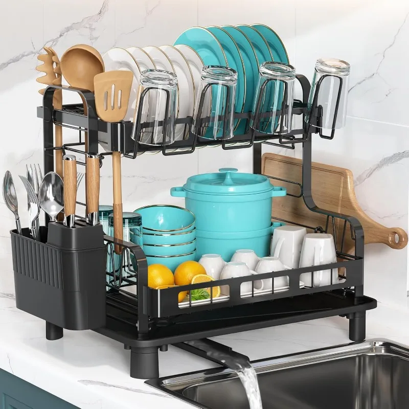 

2 Tier Dish Drying Rack, Dish Racks for Kitchen Counter, Stainless Steel Dish Drainers with Cutlery Holder and Cup Rack