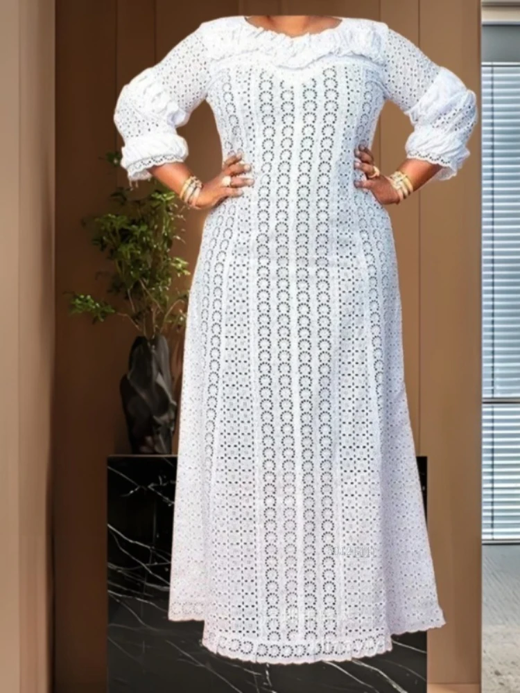 

Женское свободное белое длинное платье большого размера с рукавами-фонариками, ажурное кружевное платье, вечерние вечерние платья для вечеринок, Vestidos