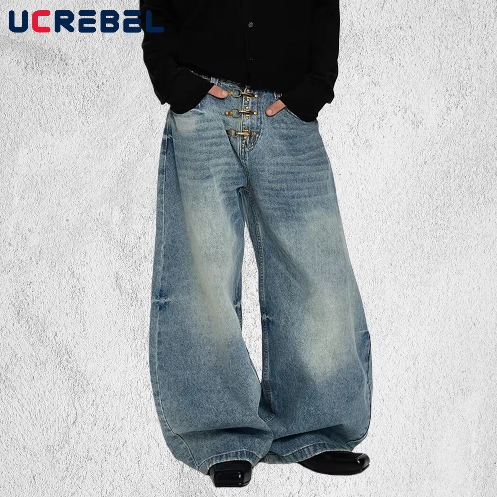 Button Decoration Banana Jeans Mens Ripped Retro High Street Washed Distressed Baggy Wide Leg Denim Pants Man