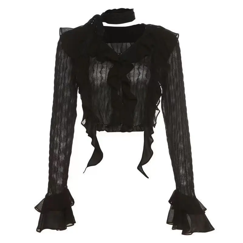 Y2k Crop Top Women Lace Blouses  Sexy Gothic GrungeFemale Shirts Elegant Black Transparent Cardigan Korean Streetwear