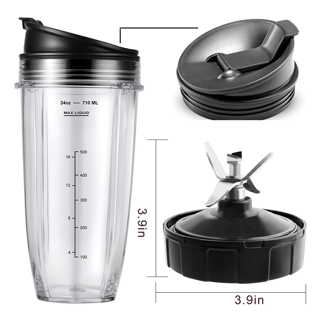 Replacement Parts for Ninja Blender BL450-30 BL456-30 BL480-30Ect, 24OZ Ninja Blender Cups and 7 Fins Blade Accessories