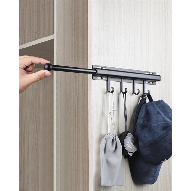 12 Inch Black Pull Out Clothes Hanger With 4 Hooks Slide Out For Closets
