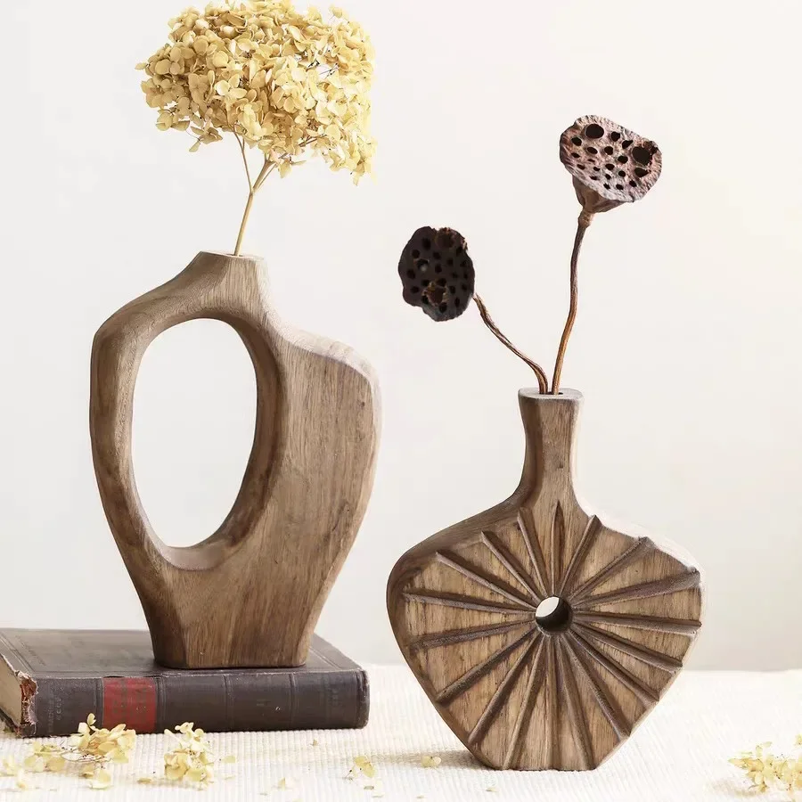 A flower log vase retro old style solid wood advanced sense creative living room entrance ornament wabi sandy wind decoration
