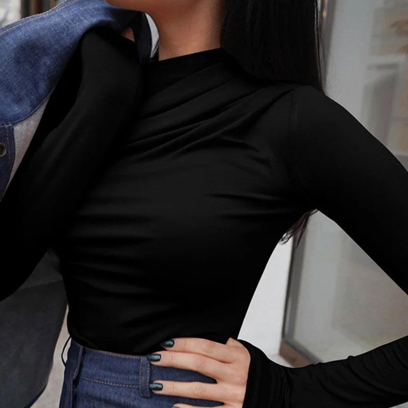 Langarm Top Weiße T-Shirts Frauen Basic Crop Top Herbst Pullover Solide Skew Neck T Shirt Streetwear Basic Schwarz Y2K Tees