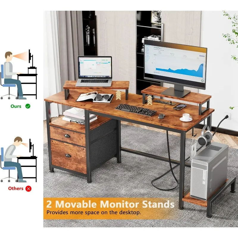 مكتب كمبيوتر ريفي مقاس 47 بوصة، ومحطة عمل مع خزانة ملفات، وحوامل ومنافذ مزدوجة الشاشة