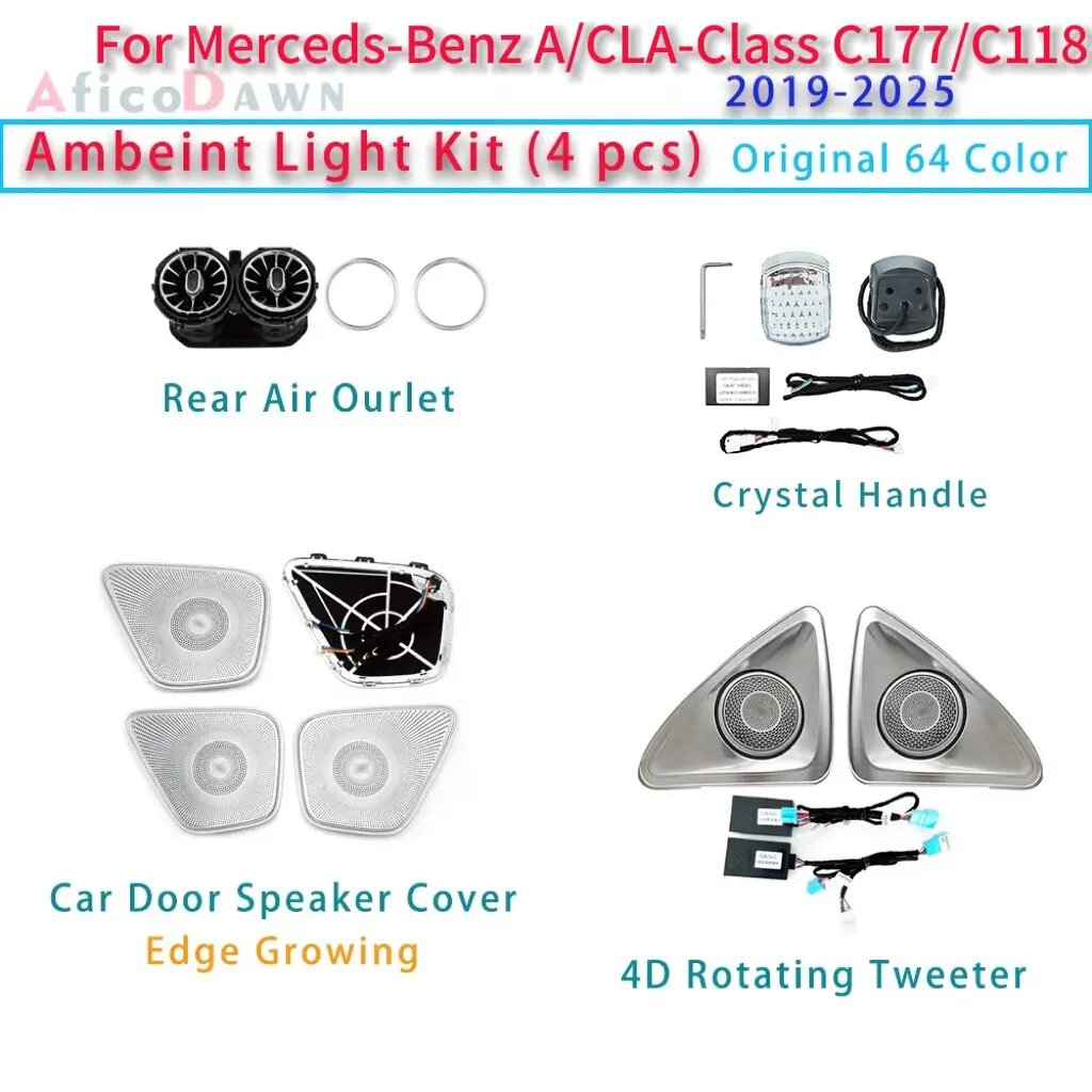 64-Color Rear Turbine Air Vent 4D Rotating Tweeter Ambient Light Kit 4pcs for Mercedes Benz A/B/CLA/GLA/GLB W177 C118 LHD RHD