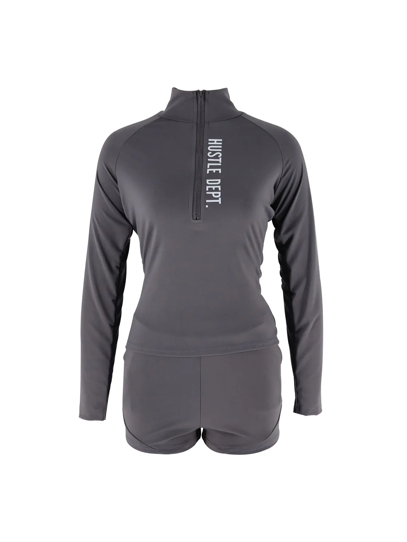 Grey Zip-Up Crop Top and Sports Shorts Set, Stylish Athleisure Women’s Outfit