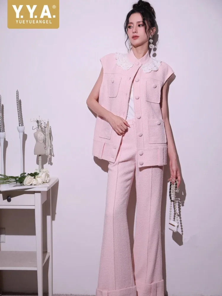 Sweet Pink Lace Collar Women Vest Sets Loose Fit Multi Pocket Sleeveless Jacket Two-Piece Set Full Length Wide Leg Pant Outfits