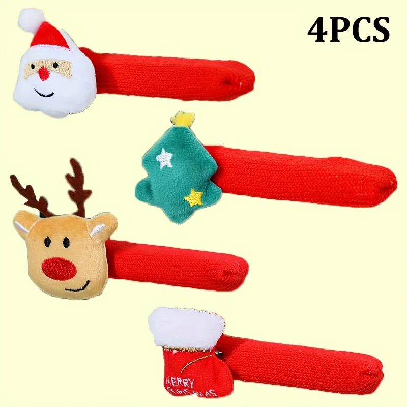 1/4Pcs Christmas Door Handle Covers, Plush Santa Reindeer Tree Stocking Knit Doorknob Protector, Xmas Decor for Home Door Lever