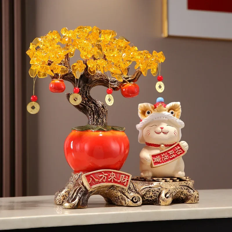 Lucky Cat Ornament  Money Tree Decoration  Manifestation of Wealth  Artware  Home Office Decor Feng Shui for Fortune