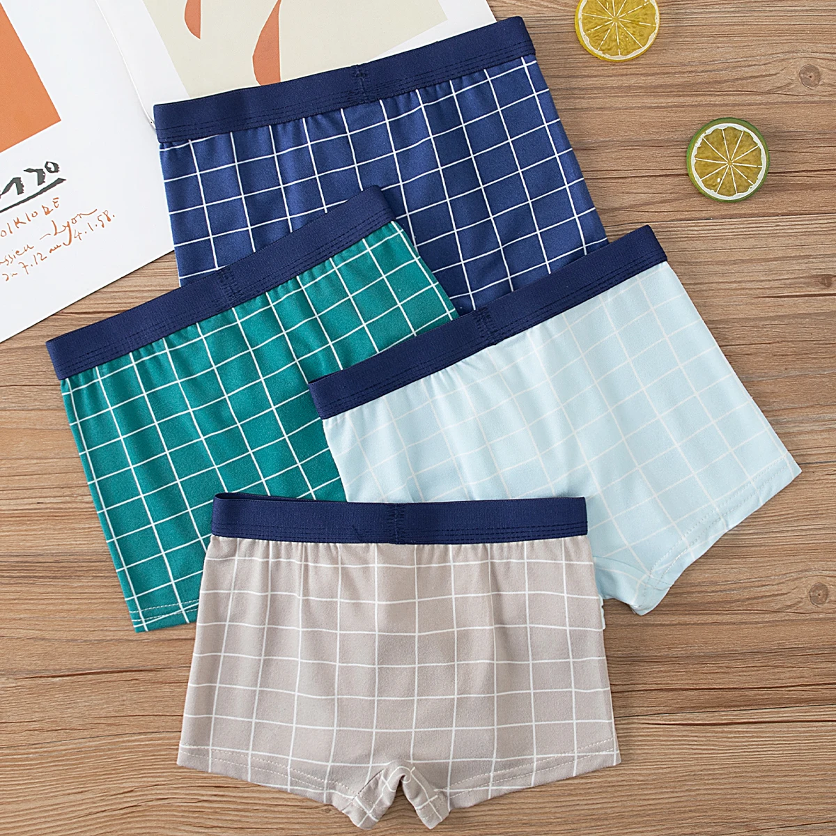 4/8 Piece Set of Children's Four Season Plaid Underwear, Comfortable Four Cornered Pants Boys' Striped Home Casual Bottom Shorts