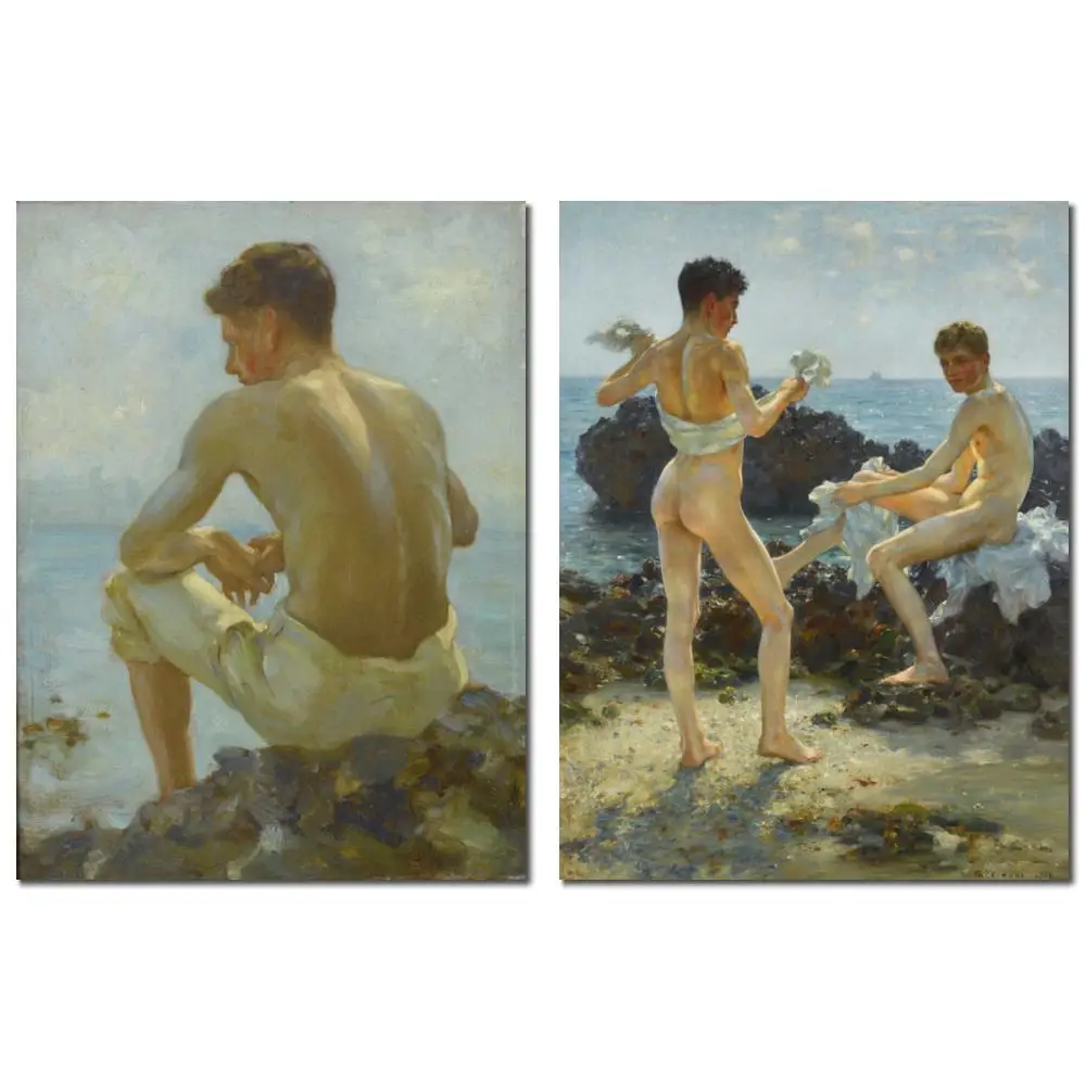 Large Size Oil Painting Henry Scott Tuke under Western Sun Handmade Canvas Masterpiece Figure for Bedroom Hallway Wall Decor