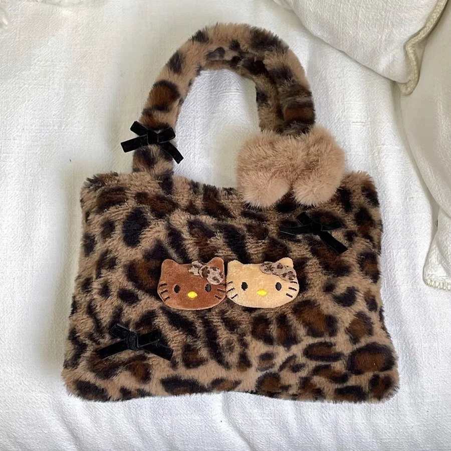 

2026 New Spring Cute Cartoon Cat Handbag Women's Large Capacity Plush Leopard Print Tote Bag