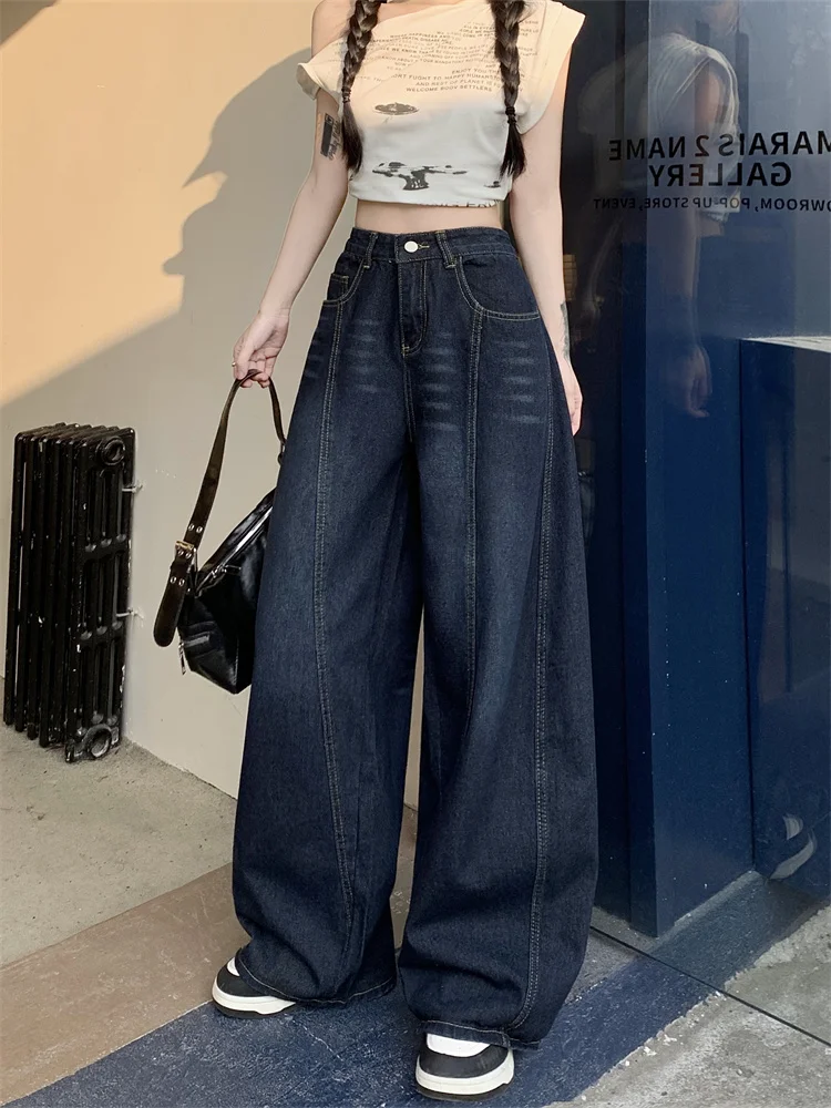 

American Style A-Line Wide Leg Jeans Men Women Loose CleanFit Silhouette Washed Floor-Length Pants Youth Casual Wear