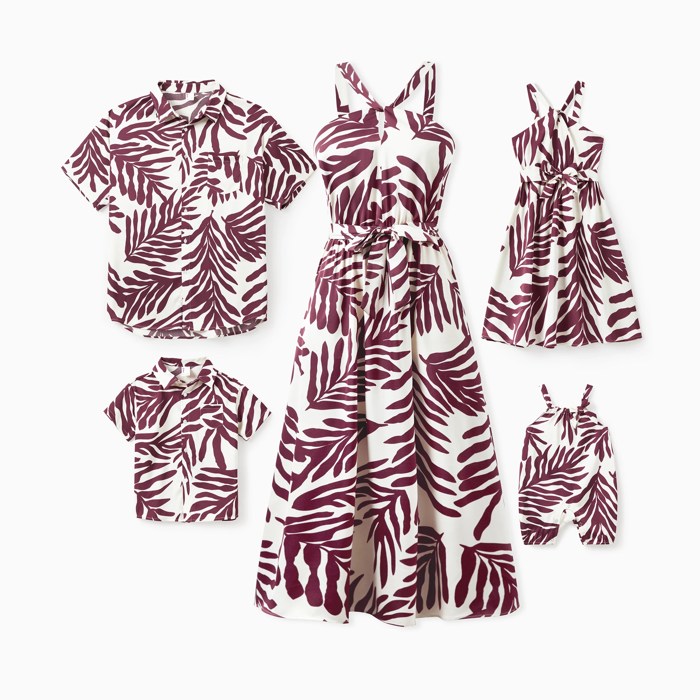 

PatPat Family Matching Outfits Red Leaf Print Shirts and Strap Belted Dress for Hawaii/Cruise/Resort/Casual Wear