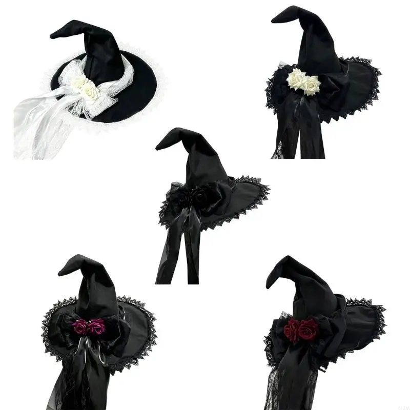 Ornate Costume Witch Hat with Lace-Trimmed Attached Bowknot Decors, Two Roses, and Long Ribbon Streamers for Parties 6XDA
