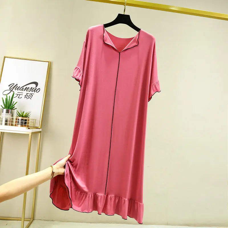 Fdfklak Modal V-Neck Women Nightgowns Thin Short Sleeve Loose Summer Homewear Fashion Soft Leisure Fish Tail Night Dress