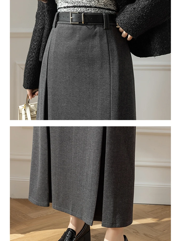 New 2023 Winter Wool Long Skirts For Women Retro High Waist Solid Pleated Skirt Vintage With Belt Brown Black Grey Falda Mujer