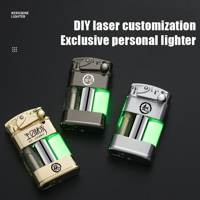 Rocker Arm Luminous Quicksand Inflatable Lighter Windproof Green Gas Lighter Transparent Oil Tank LED Light Men's Smoking Gadget