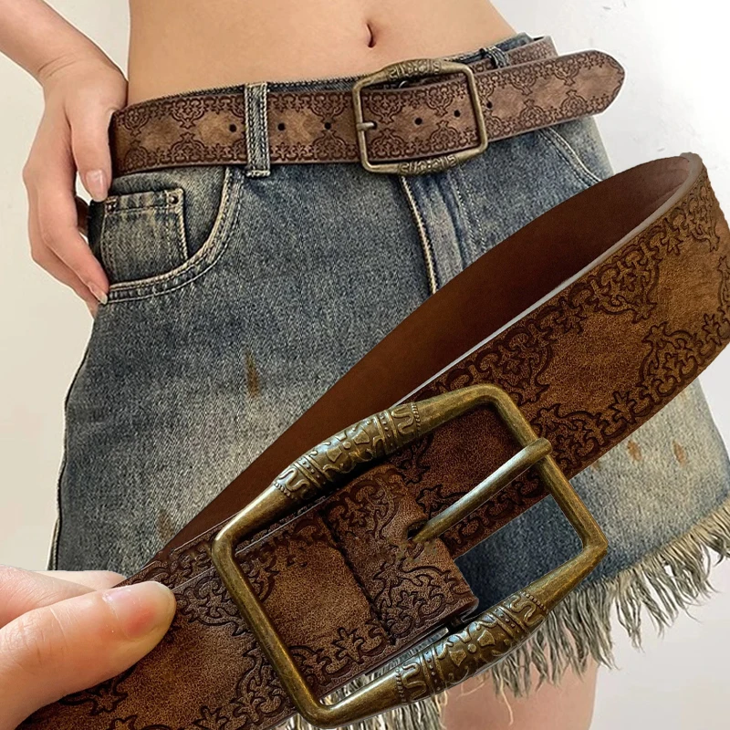 Retro Pattern Print Belts Women Pu Leather Designer Brand Buckle Pin Waist Belt Y2K Vintage All-Match Waistband Accessories