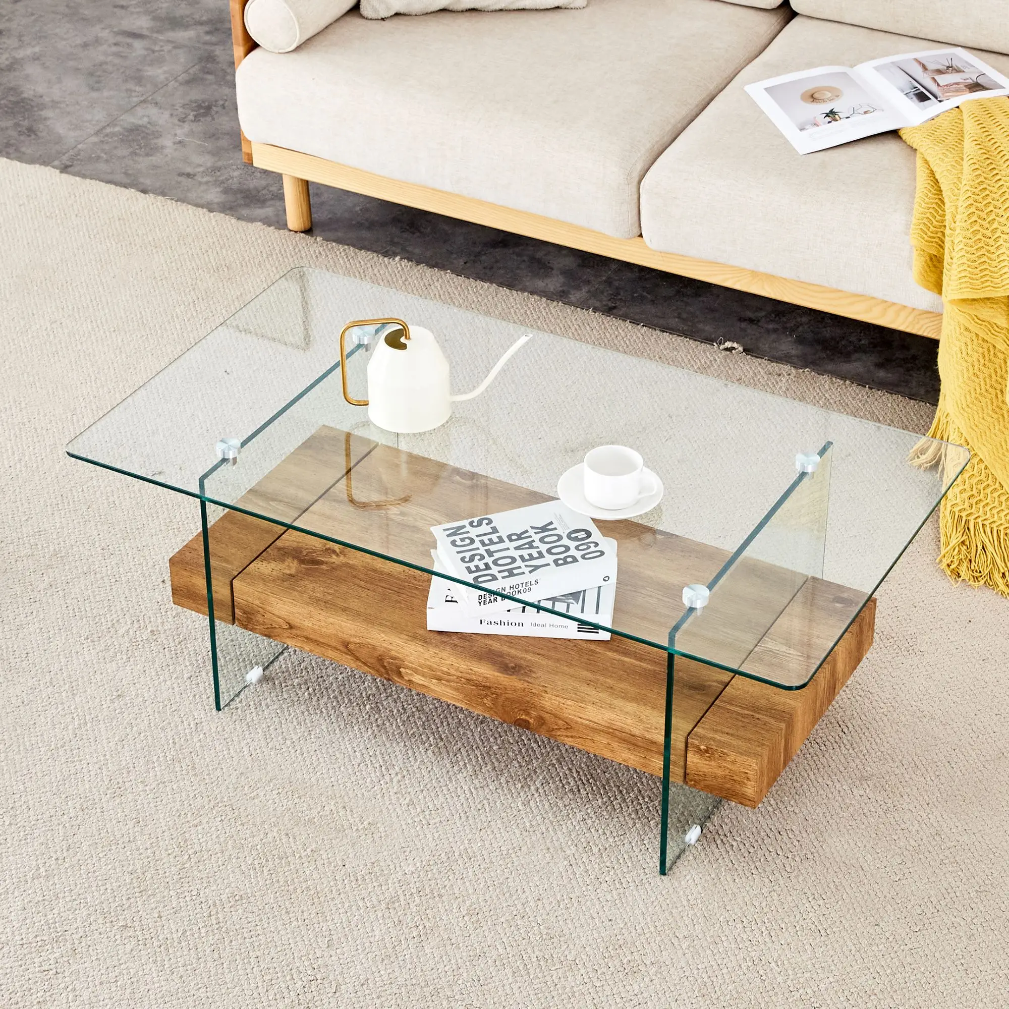 

43.3 Inch Modern Two-Tier Coffee Table - An Elegant Combination of Clear Glass and Light Wood Texture Sticker, Coffee Table
