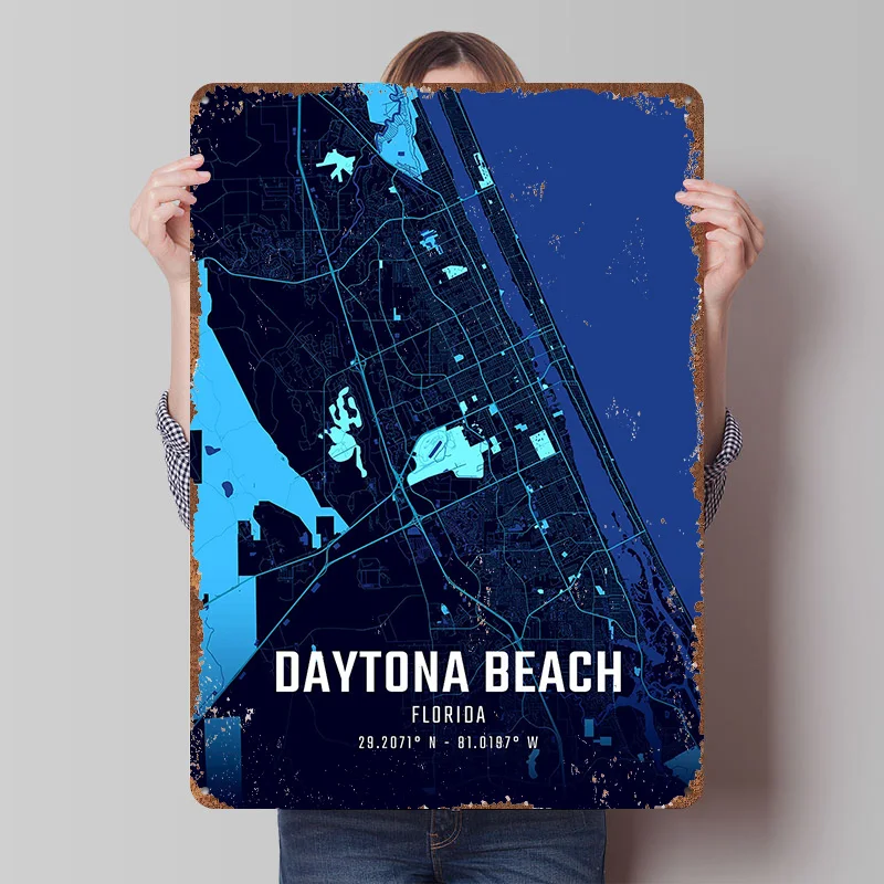 Mapa de la ciudad de Daytona Beach a medianoche, póster de hojalata, arte de pared personalizado, letreros metálicos vintage, placa de hojalata retro para decoración del hogar