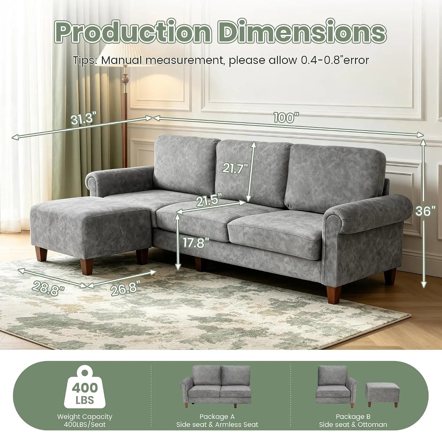 MastonHome Modular 4-Seat Couch, Velvet, Scratch-Resistant, Deep Seat, Curved Armrest, Easy Assembly