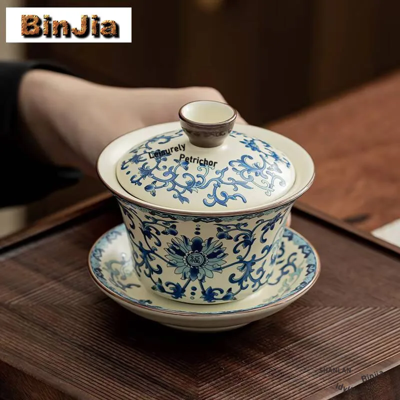 150ml Retro Ru Kiln Porcelain Gaiwan Blue And White Blessing Three Talents Tea Tureen Making Cover Bowl Services Craft Supplies