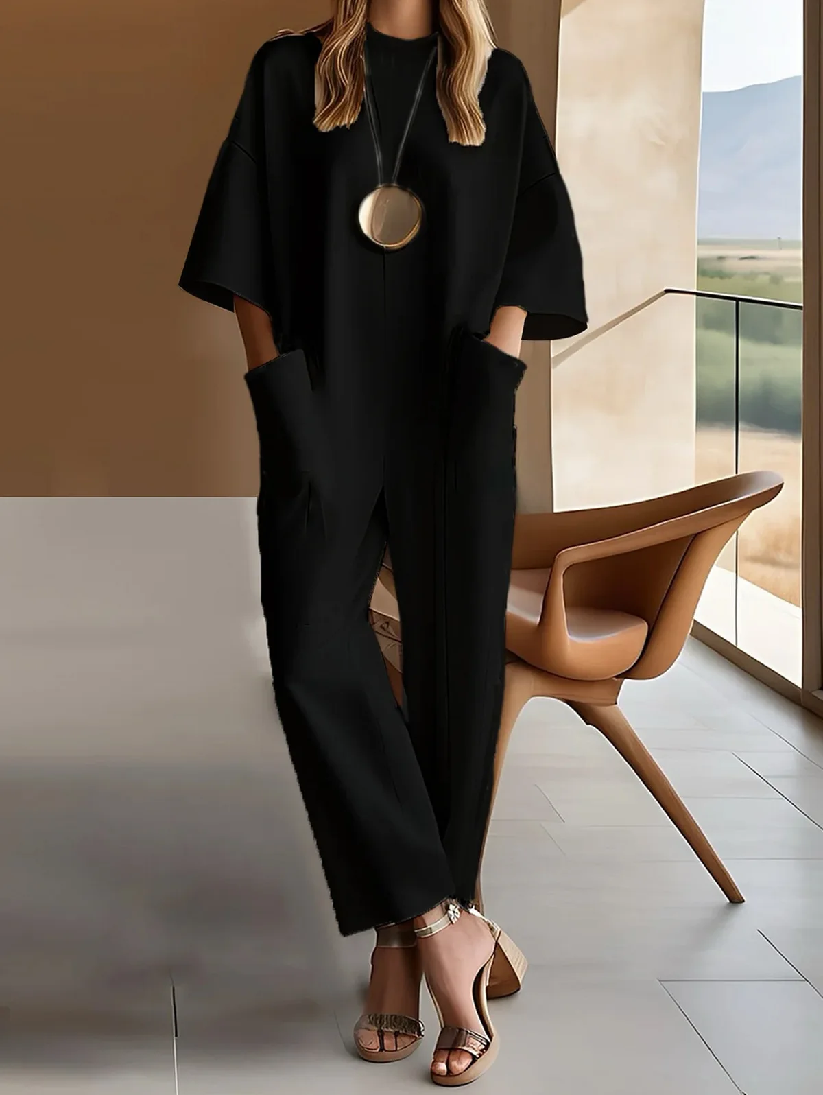 Five-quarter Sleeve Pocket Solid Color Long Jumpsuit 2025 Round Neck European and American Women's Clothing