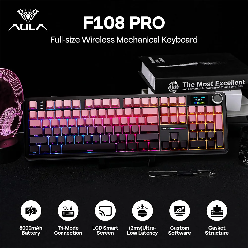 AULA F108 PRO Full-size Mechanical Keyboard W/ Screen Knob 8000mAh Battery PBT Keycap RGB Backlit Hot Swappable Gaming Keyboards