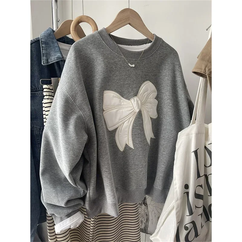 South korea Dongdaemun Heavy Industry Embroidery Bow round Neck Hoodie Women Spring and Autumn Thin Small Loose Short Top