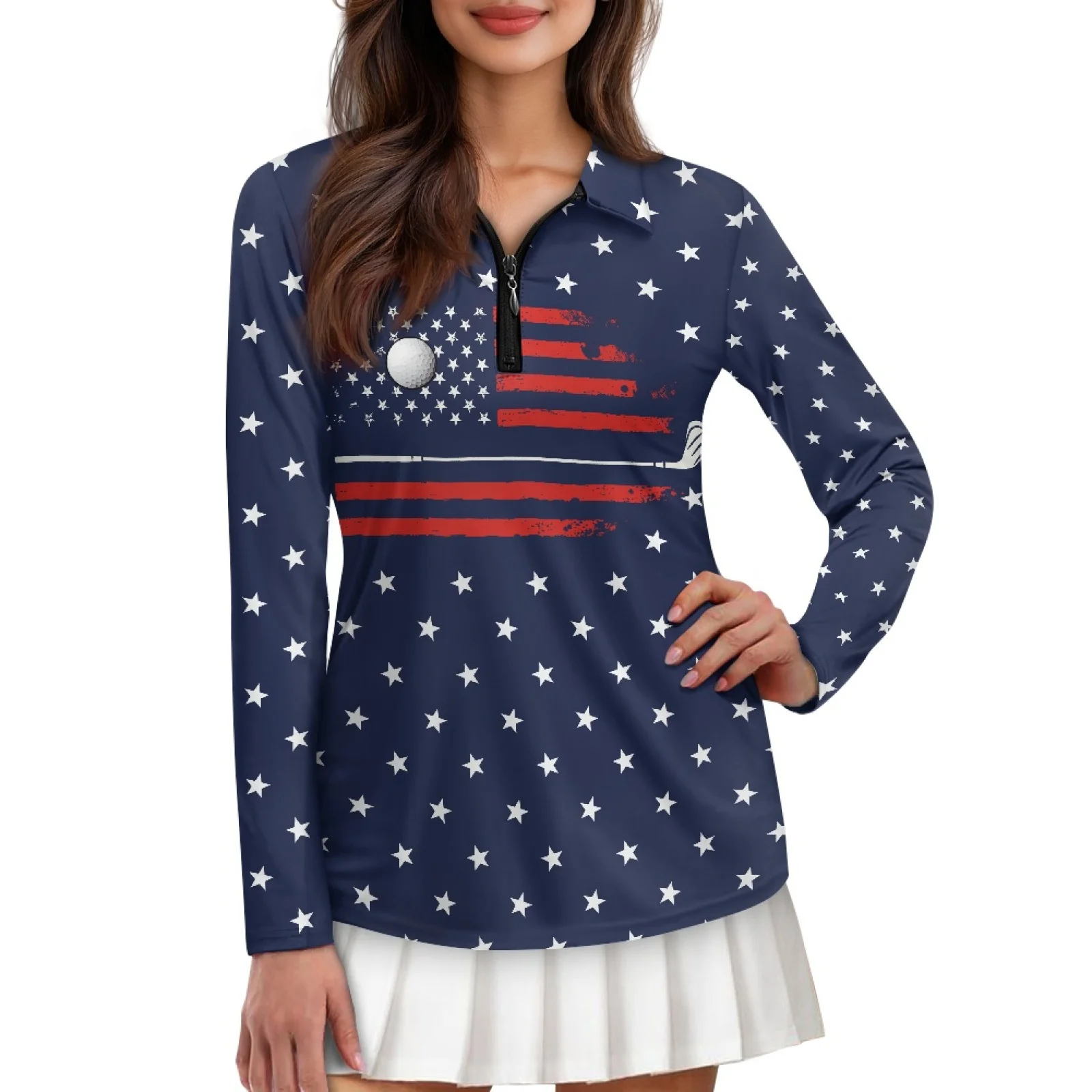PENSTROLL Golf US Flag Womens Quick Dry Zip Polo Tennis Top Stretchy Activewear Top for Yoga