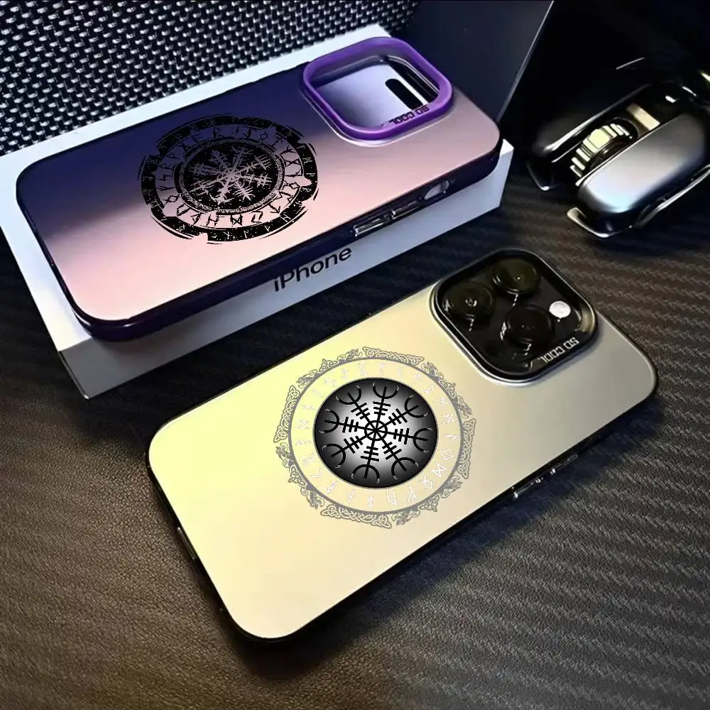 

Personality Logo V-viking Vegvisir Phone Case For IPhone 16 15 14 13 12 11 Pro Max Black Matte Multicolor Laser Aurora Funda