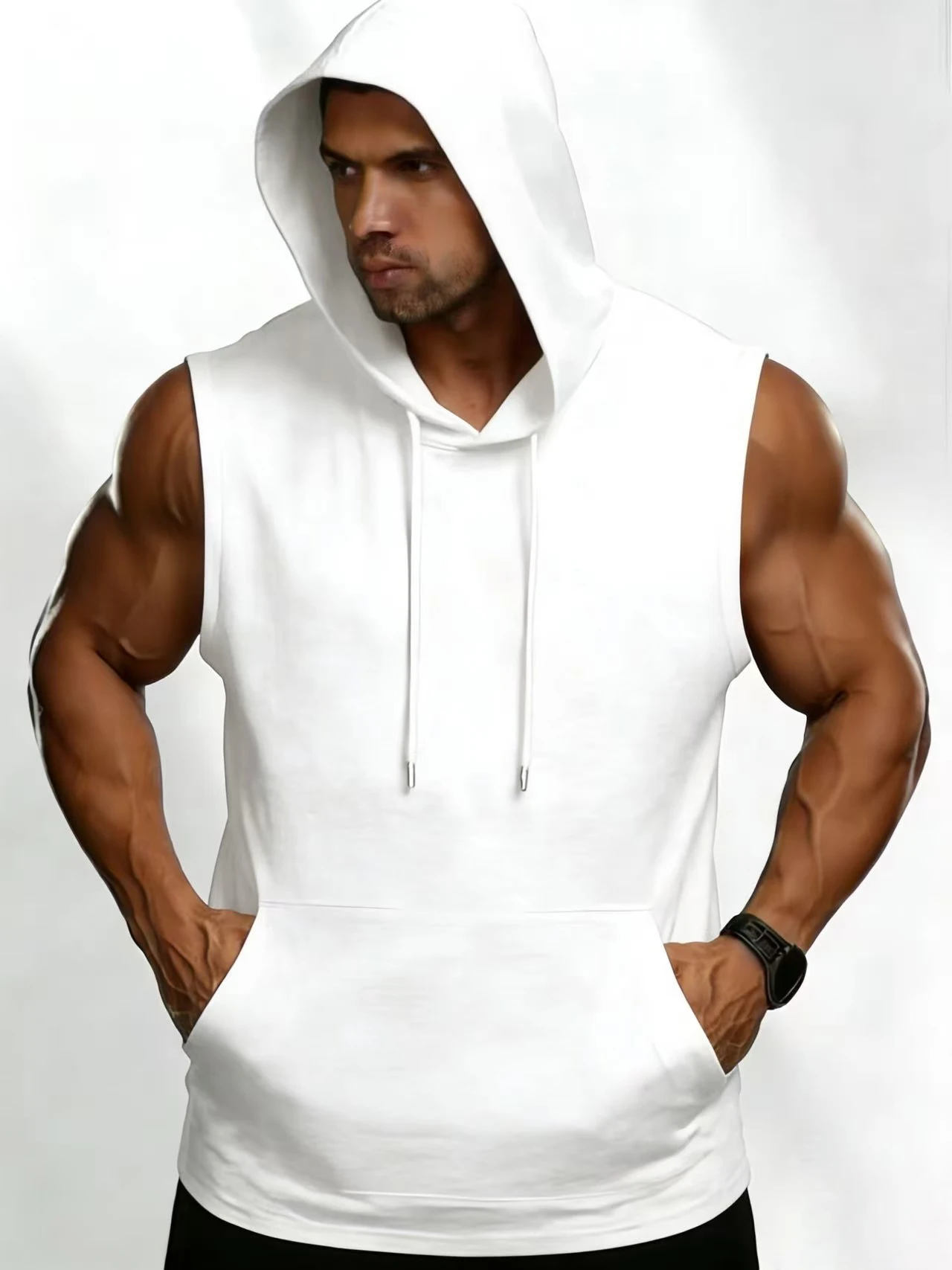 2026 Sommer Herren Einfarbig Weiße Ärmellose Kapuzenweste, Polyester Fitness-Workout Kapuzen-Tanktop mit Kängurutasche – Detail 2