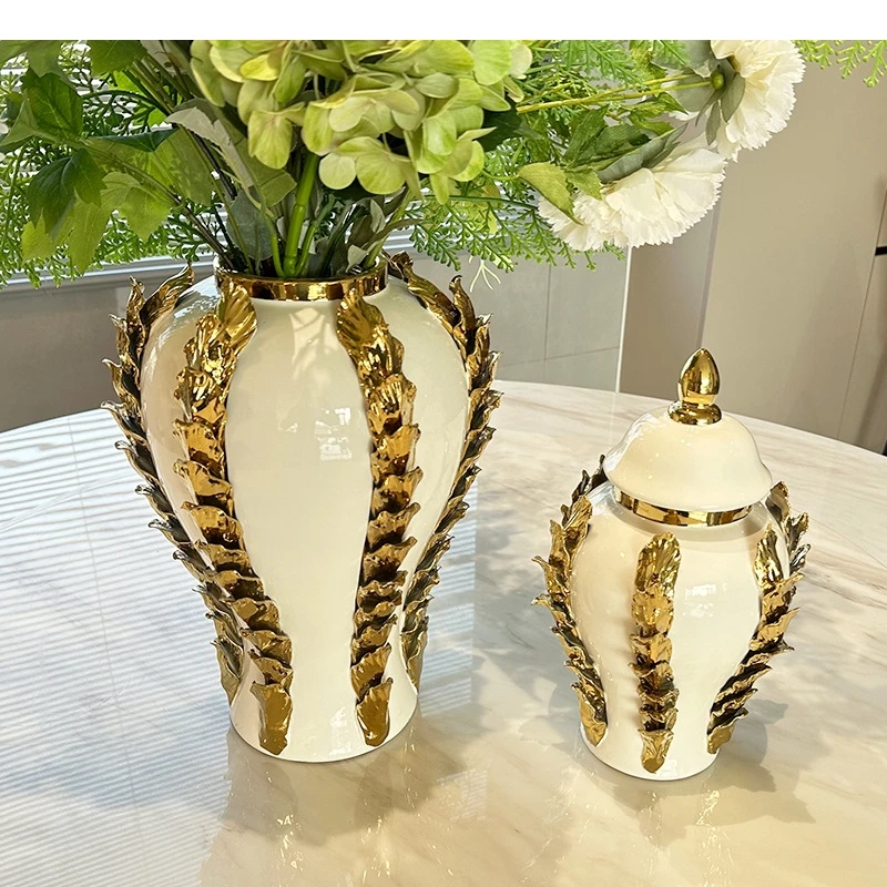 Ceramic General Jar Storage Tanks Golden Ginger Pots Three-dimensional Thorns Petal Flower Vase Vintage Bottles Home Decoration