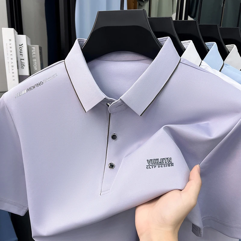 Light luxury men's short sleeve polo shirt summer ice silk breathable new fashion brand exquisite letter embossed casual T-shirt