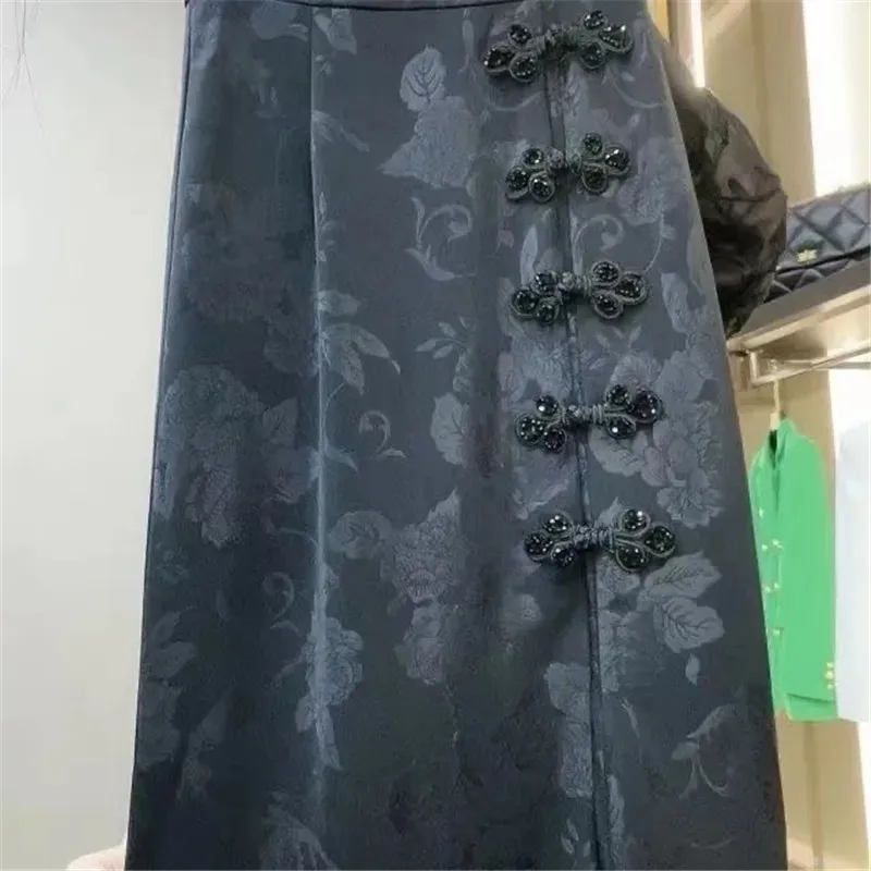 Chinese Style Vintage Mid-Length Skirt Female Spring Summer Fashion Elegant Skirts High Waist Slit Women Clothing Green Black