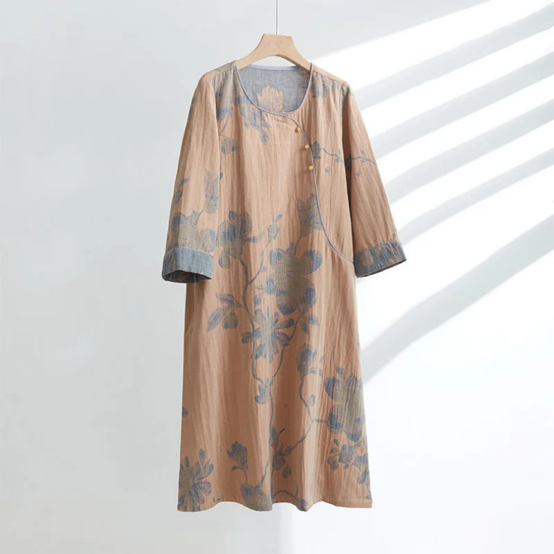 Autumn Cotton Dress Woman Chinese Ancient Style Oblique Front Long Sleeve Home Sleeping Sleepwear Gauze Jacquard Nightgowns