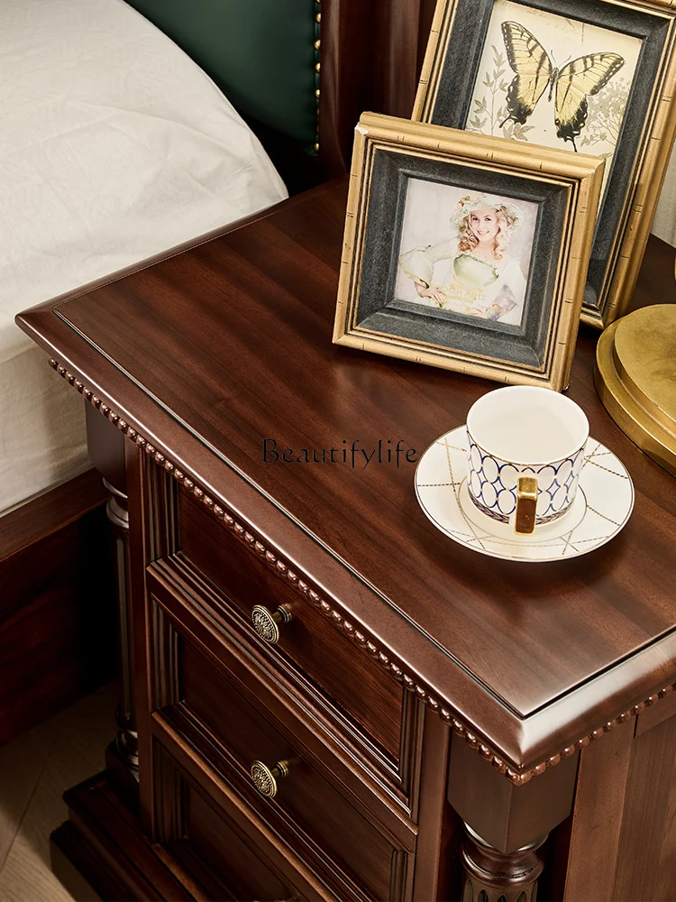 Black Walnut Wooden Bedside Table American Retro Three-Drawer Small Mid-Ancient Storage Cabinet