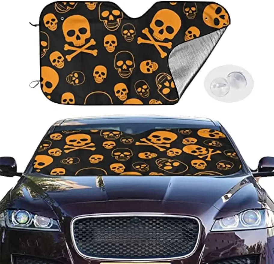 Halloween Yellow Skull Car Front Window Sunshade for Most Sedans SUV Truck Blocks Max Sun Rays and Keeps Your Vehicle Cool