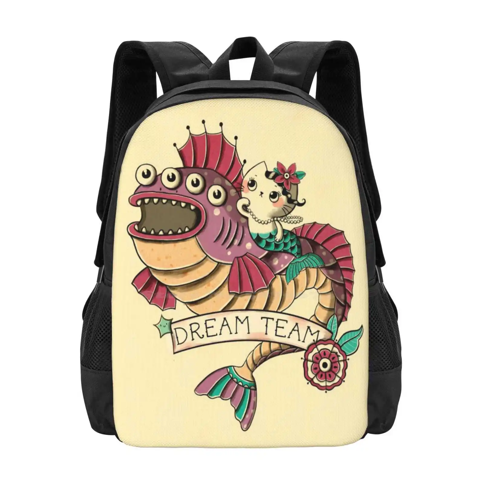 Dream Team Fashion Pattern Design Travel Laptop School Backpack Bag Mercat Mermaid Oldschool Tattoo Cat Tattoo Sea Monster Sea