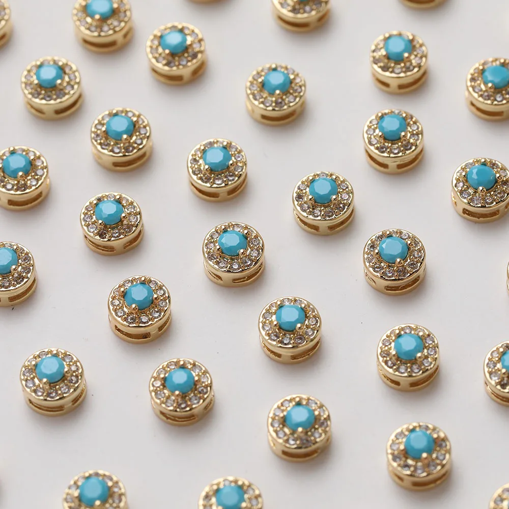 4PCS 14K Gold Plated Vintage Round Inlaid Turquoise Zircon Beads DIY Making Supplies Necklace Bracelet Material Accessories