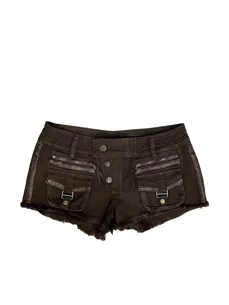 Short en jean taille basse Y2k avec poches pour femmes, pantalon chaud Jens enveloppé dans les hanches