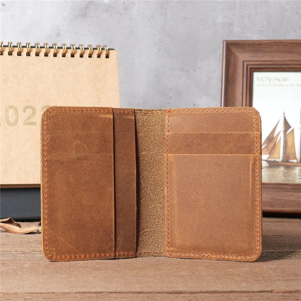

Vintege Genuine Leather Men's Real Pickup Bag Crazy Horse Leather Driver's License Clip Retro Brown Coffee Color Simple
