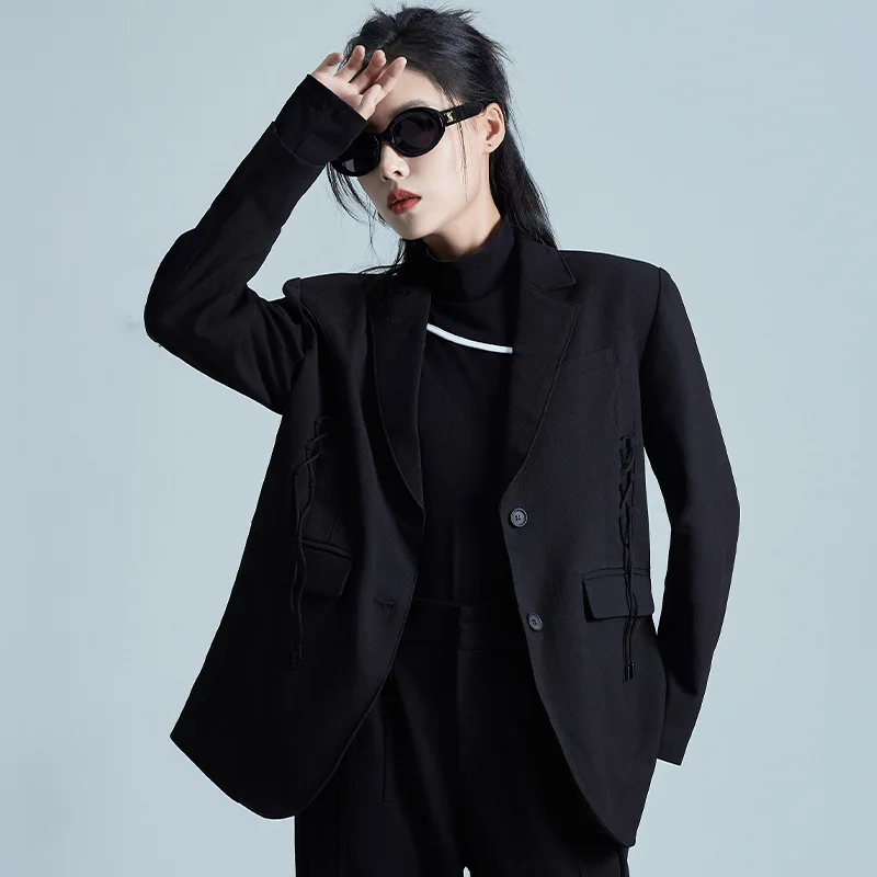 Comfy Soft Cotton Blazers Women 2024 Spring Fall Tailored Coat Black Office Lady Business Jacket Loose Fit Ribbons Split Hem